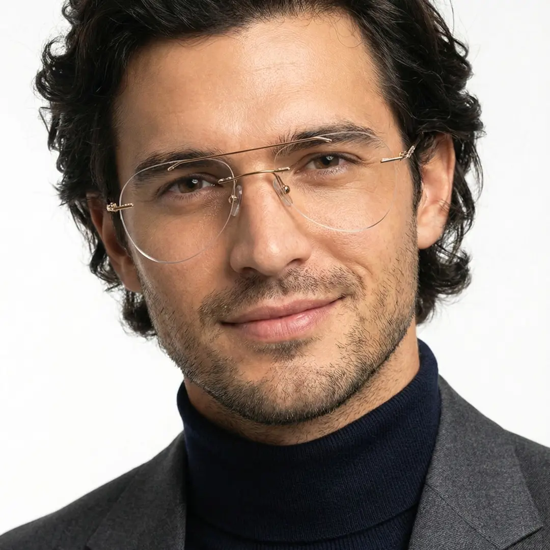 Front view of male wearing vintage gold aviator eyeglasses, friendly smile, AM0492506