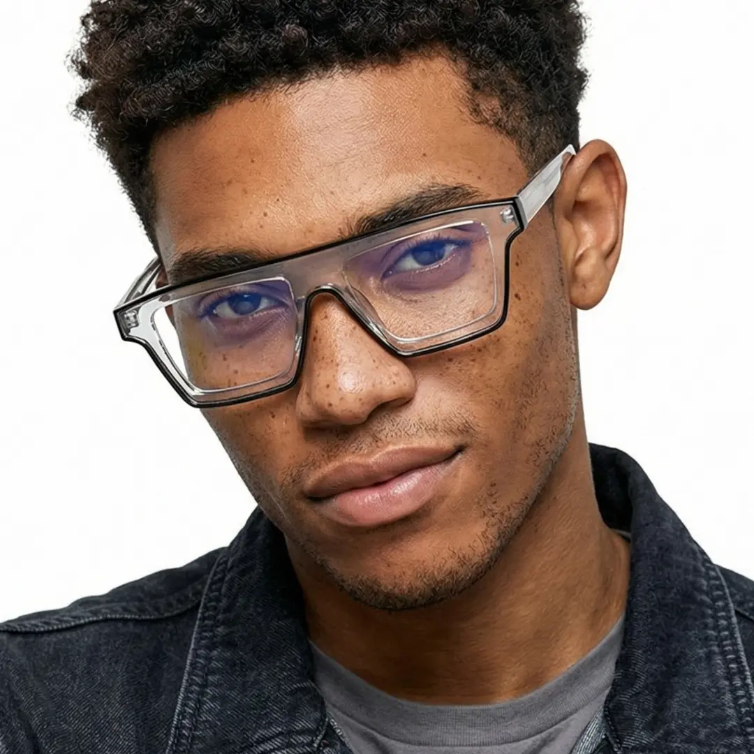 Front view of male wearing fashion clear aviator eyeglasses, smiling, AR0042403
