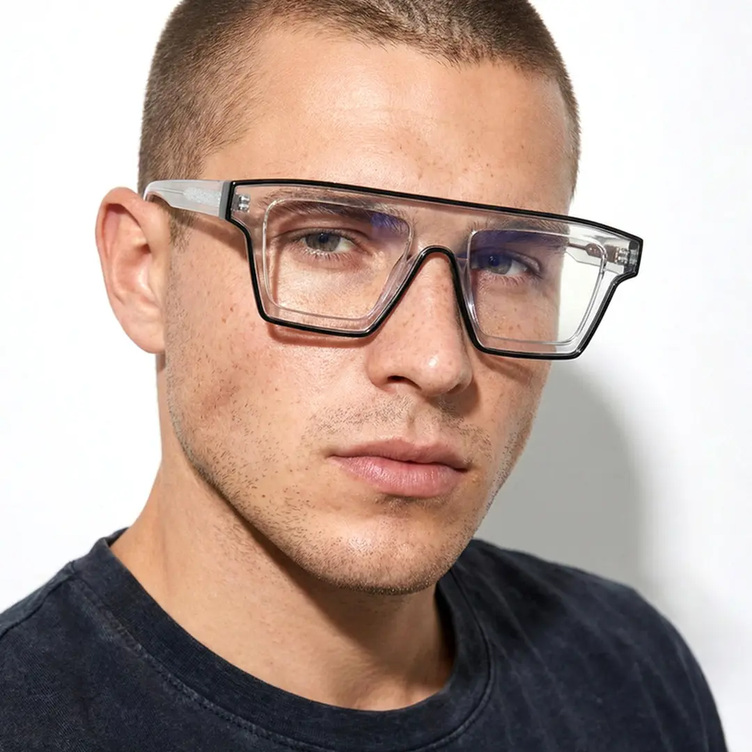 Three-quarter view of male wearing fashion clear aviator eyeglasses, natural expression, AR0042403