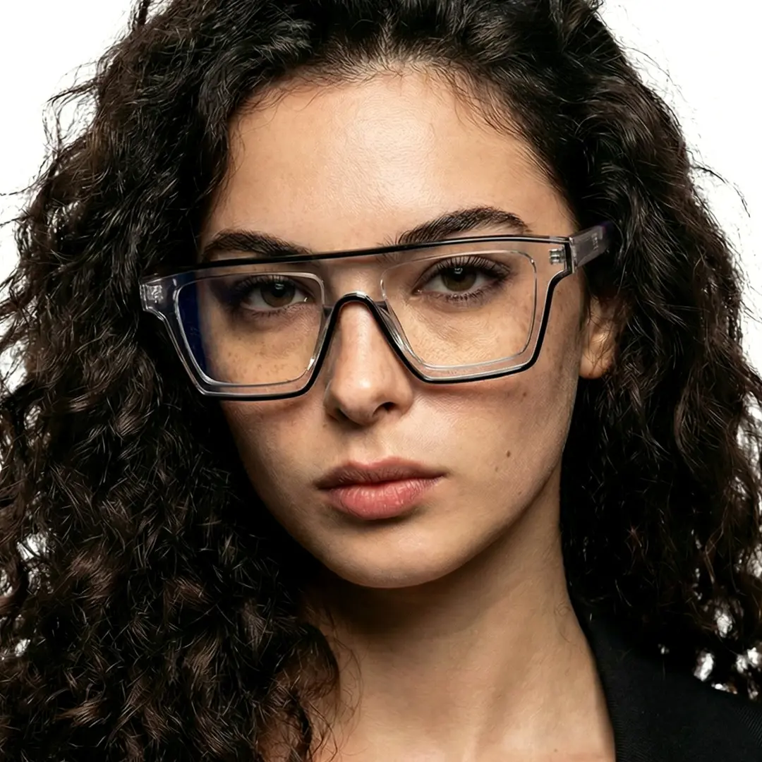 Front view of female wearing fashion clear aviator eyeglasses, neutral expression, AR0042403
