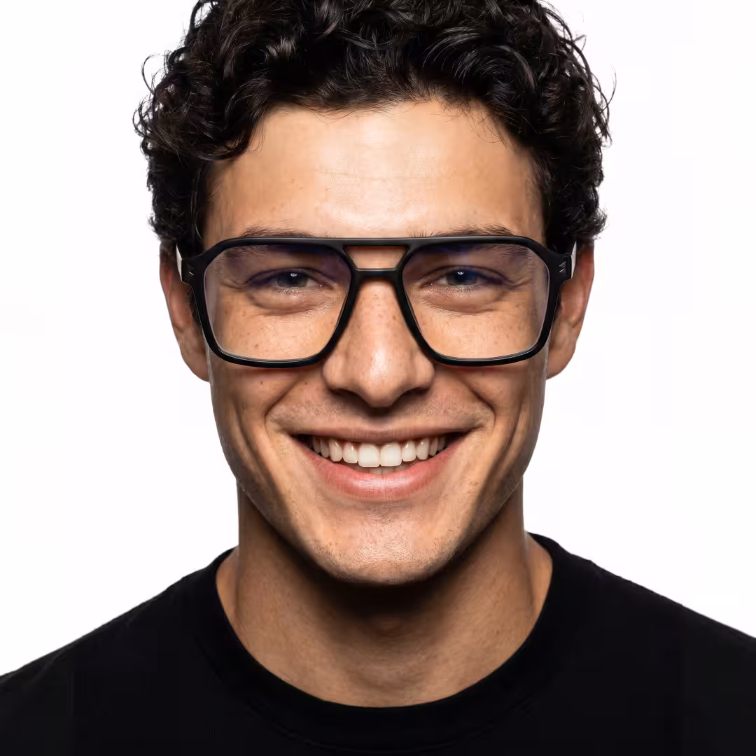 Male wearing black aviator tr90 eyeglasses, smiling. SPU: AR0042605