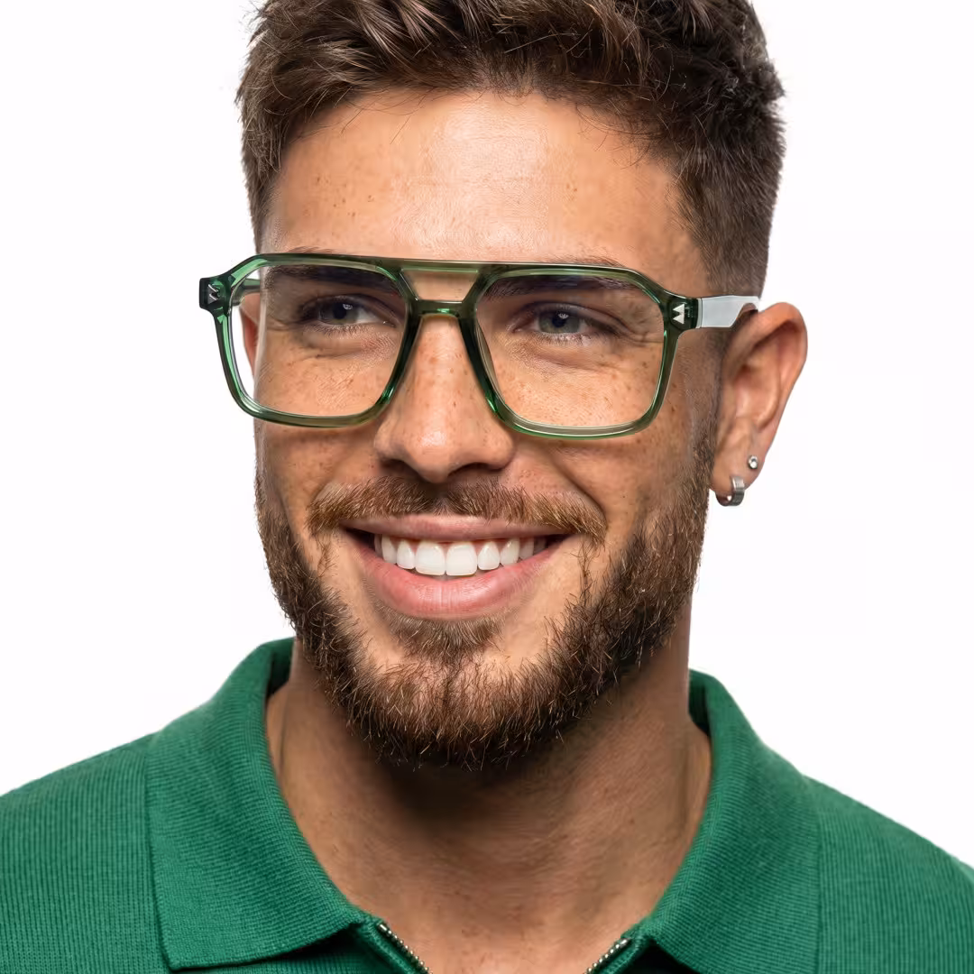 Front view of male wearing green aviator eyeglasses, smiling, AR0042605