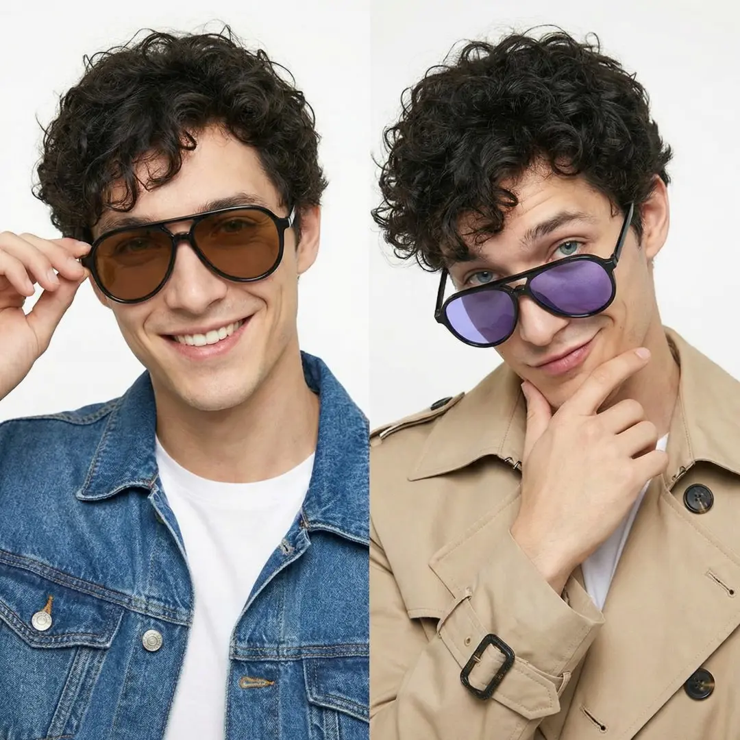 Front view of two people wearing black aviator magnetic clip-on eyeglasses set with interchangeable clip-on lenses, adjusting glasses, various expressions, AR0122601