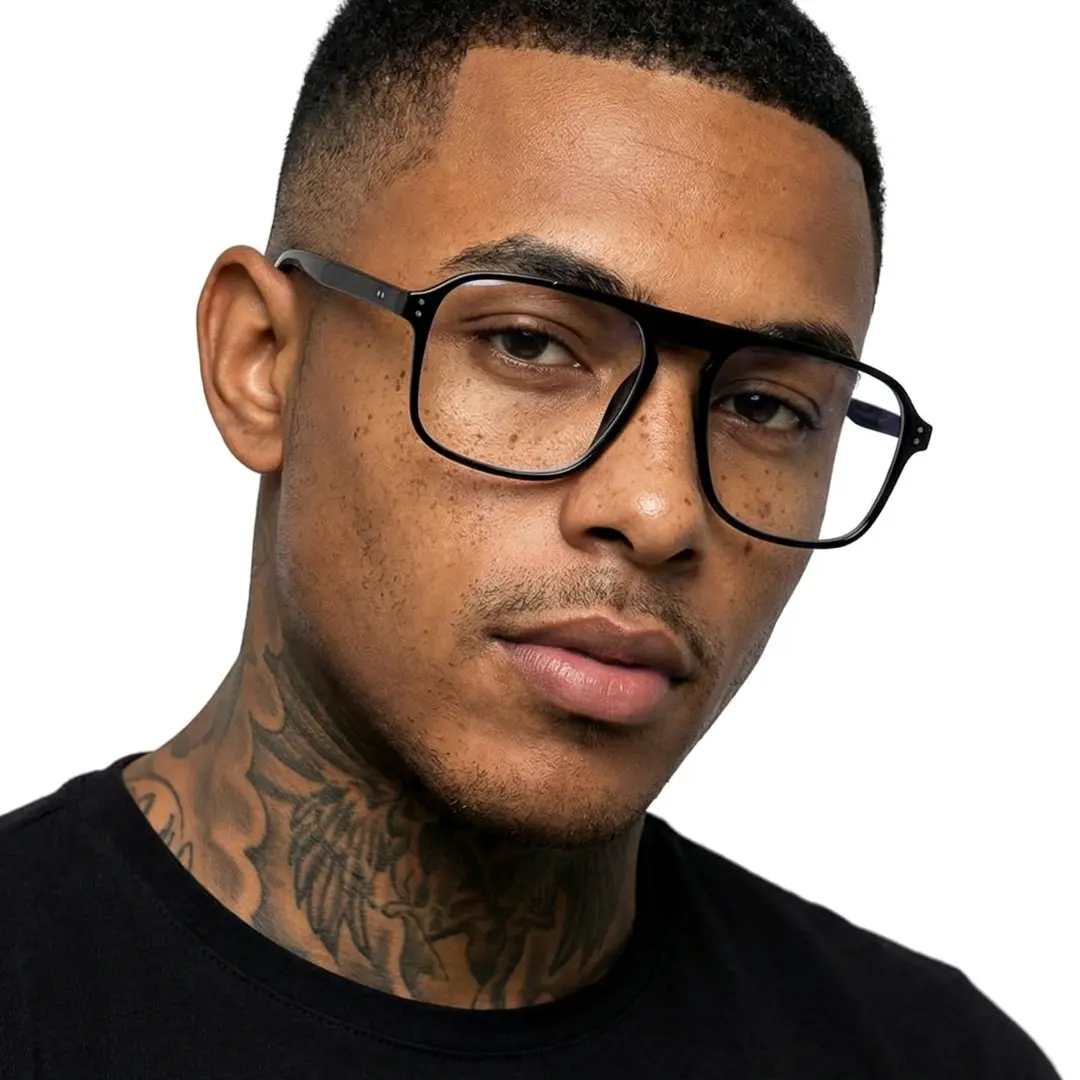 Face close-up view of male wearing black aviator eyeglasses, neutral expression, AR0142410