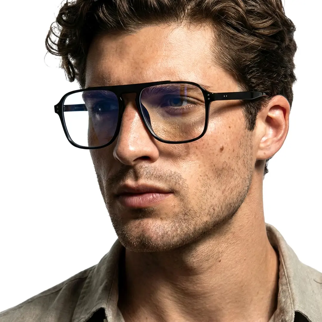 Three-quarter view of male wearing black aviator eyeglasses, neutral expression, AR0142410