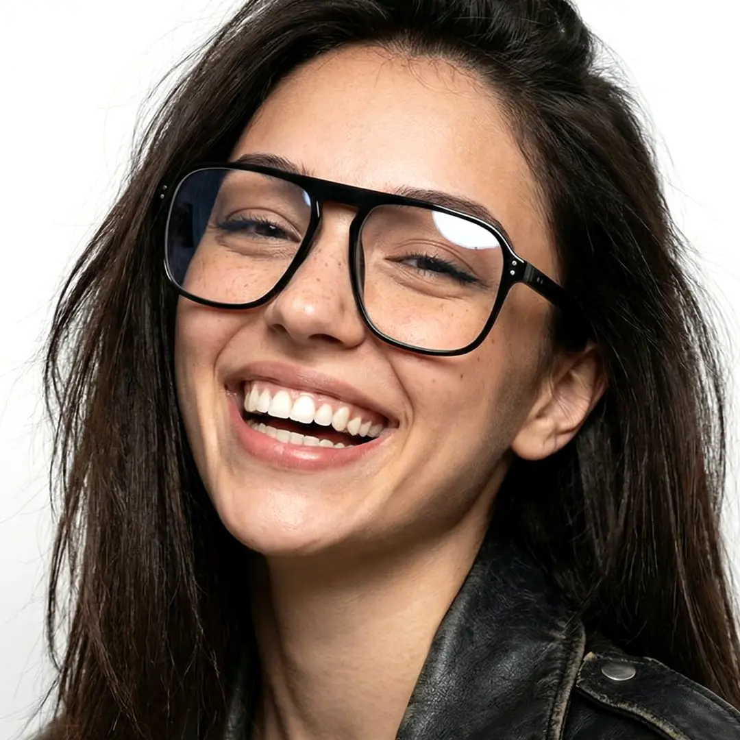 Portrait view of female wearing black aviator eyeglasses, smiling, AR0142410