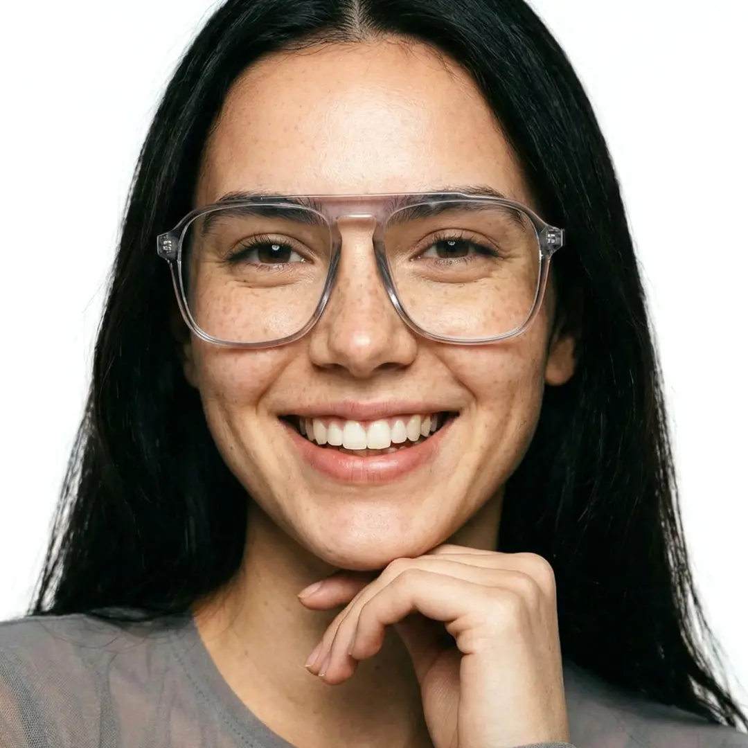 Tilted head view of female wearing grey aviator eyeglasses, resting chin on hand, neutral expression, AR0142410