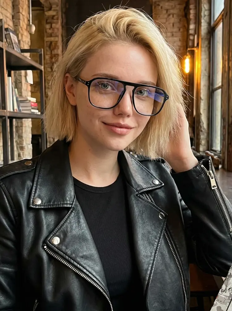 Female model wearing everyday black aviator tr90 eyeglasses in a warm industrial style cafe. SPU: AR0142410.