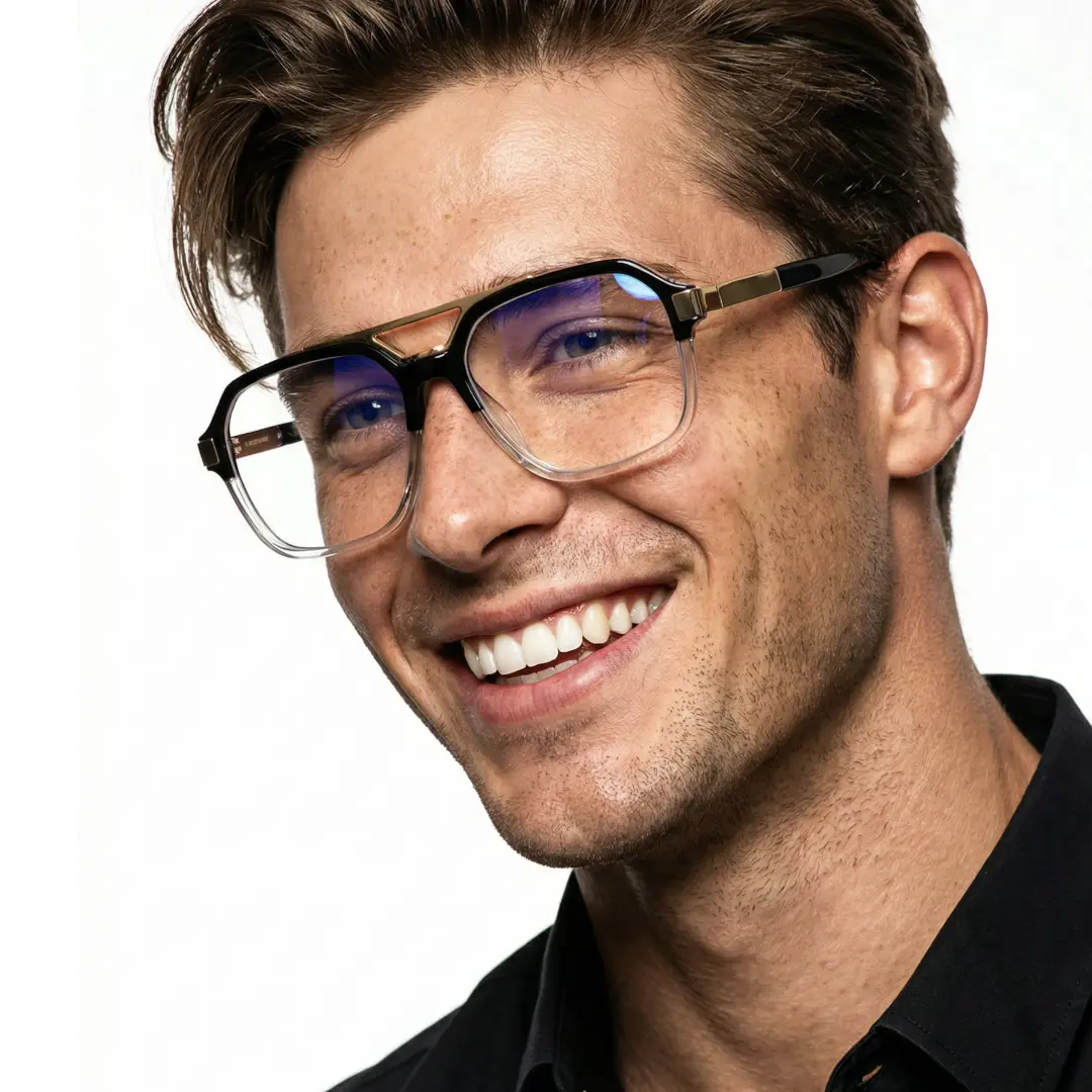 Portrait view of male wearing two-tone aviator eyeglasses, smiling, AR0292408