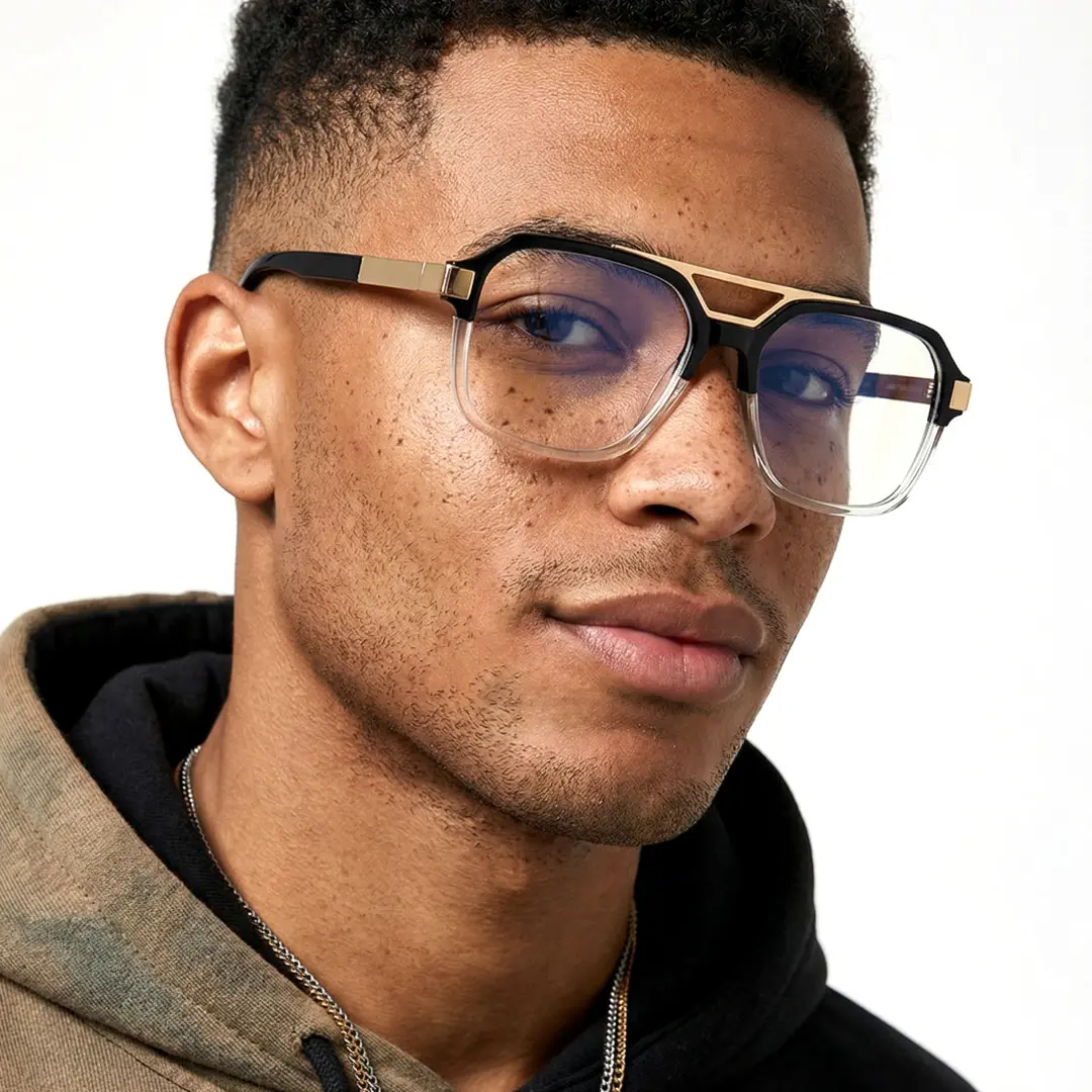 Three-quarter view of male wearing two-tone aviator eyeglasses, neutral expression, AR0292408