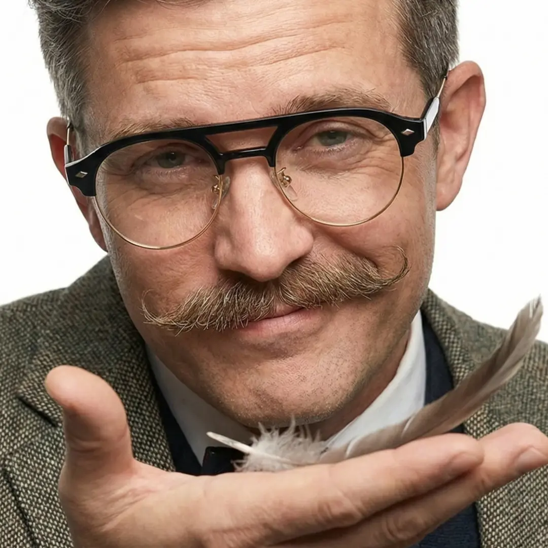 Close up of male wearing black aviator eyeglasses, looking straight ahead, thoughtful expression, AX0022507