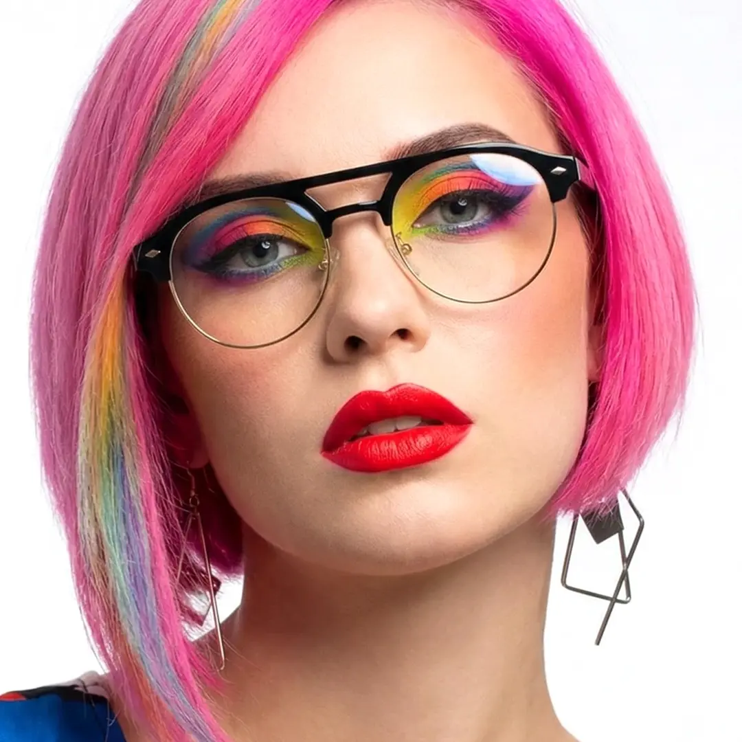 Front view of female wearing black aviator eyeglasses, neutral expression, AX0022507