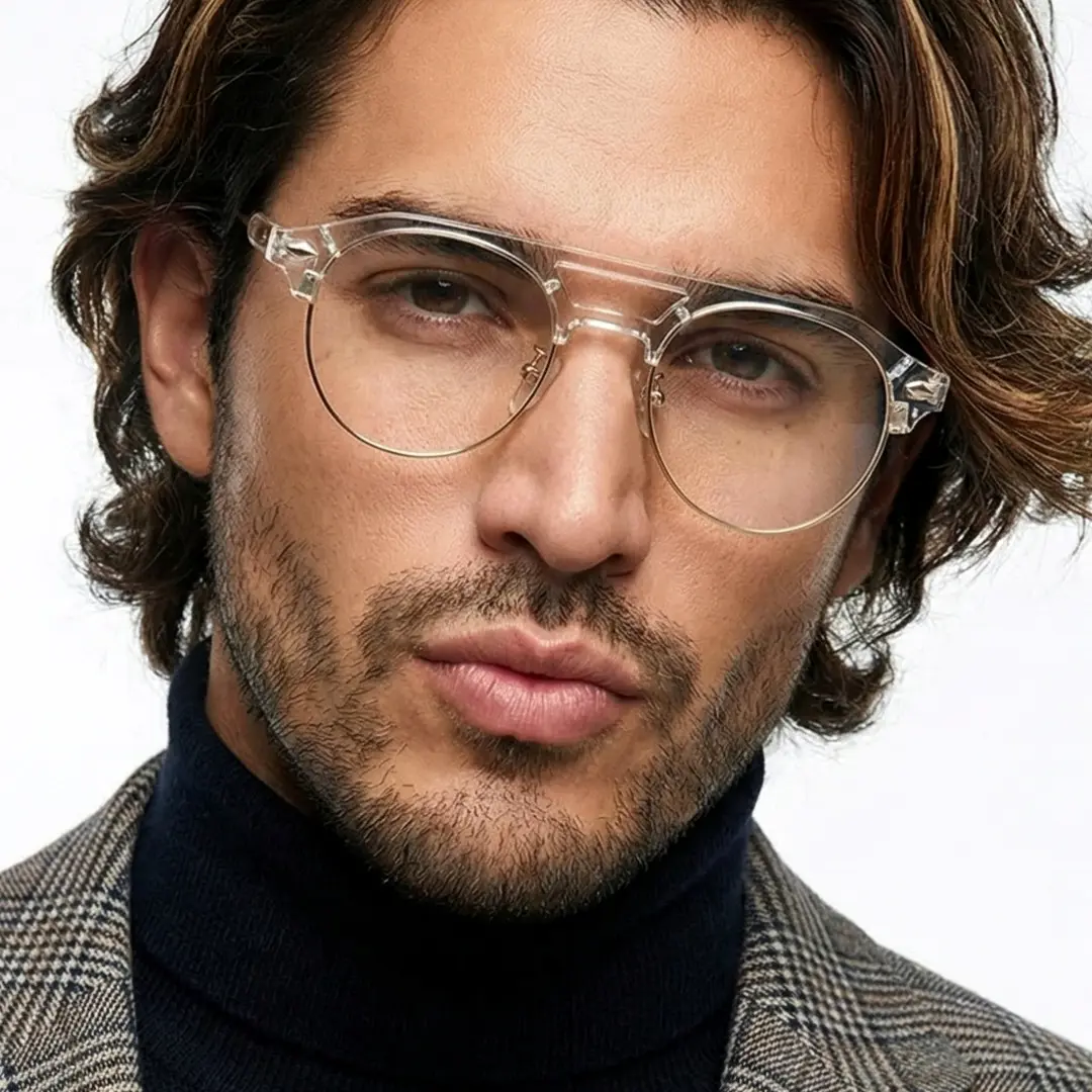Front view of male wearing clear aviator eyeglasses, neutral expression, AX0022507
