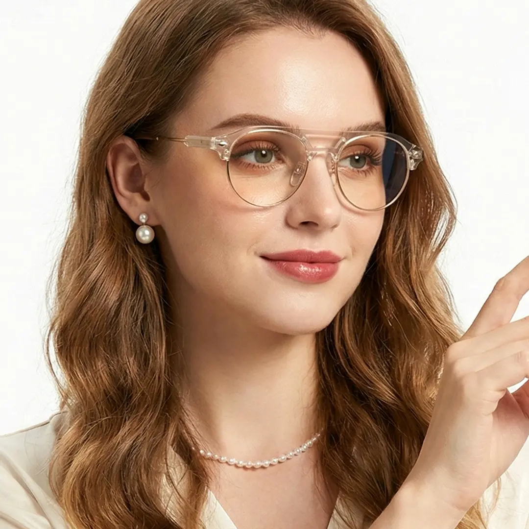 Three-quarter view of female wearing clear aviator eyeglasses, neutral expression, AX0022507