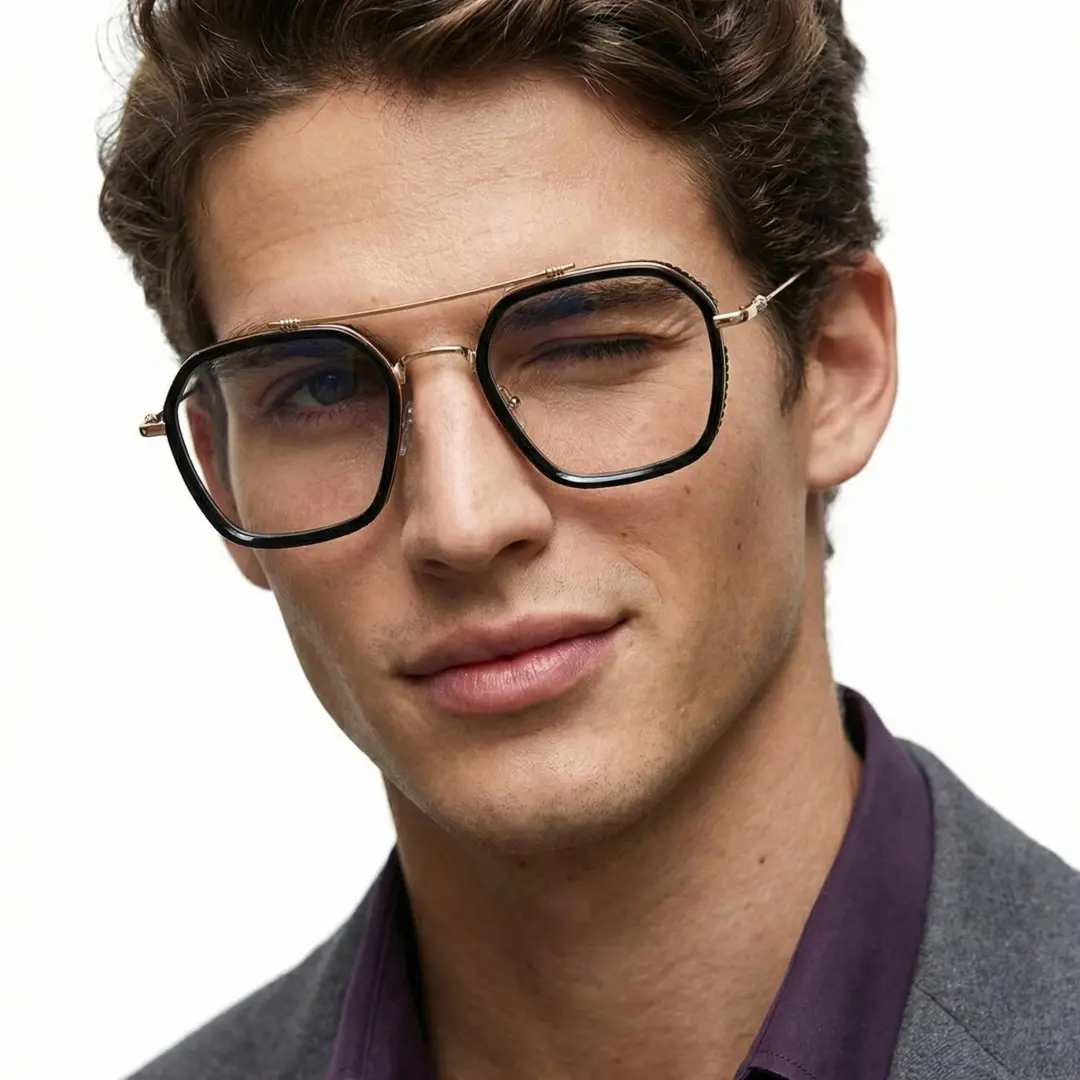 Face close-up view of male wearing black aviator eyeglasses, winking, natural expression, AX0122507