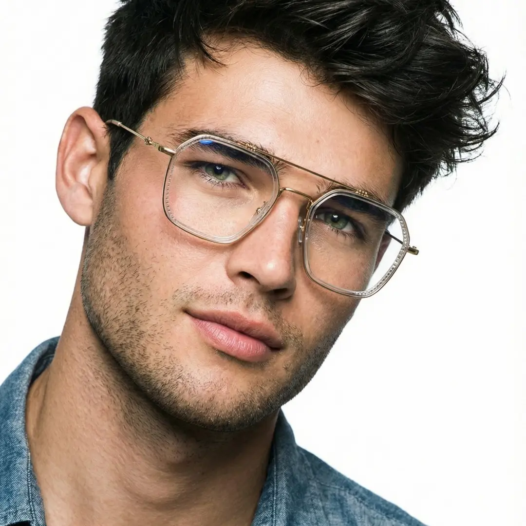 Face close-up view of male wearing clear aviator eyeglasses, tilting head, natural expression, AX0122507