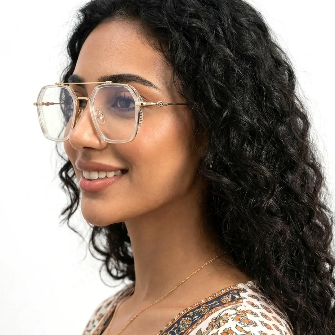 Three-quarter view of female wearing clear aviator eyeglasses, natural smile, AX0122507