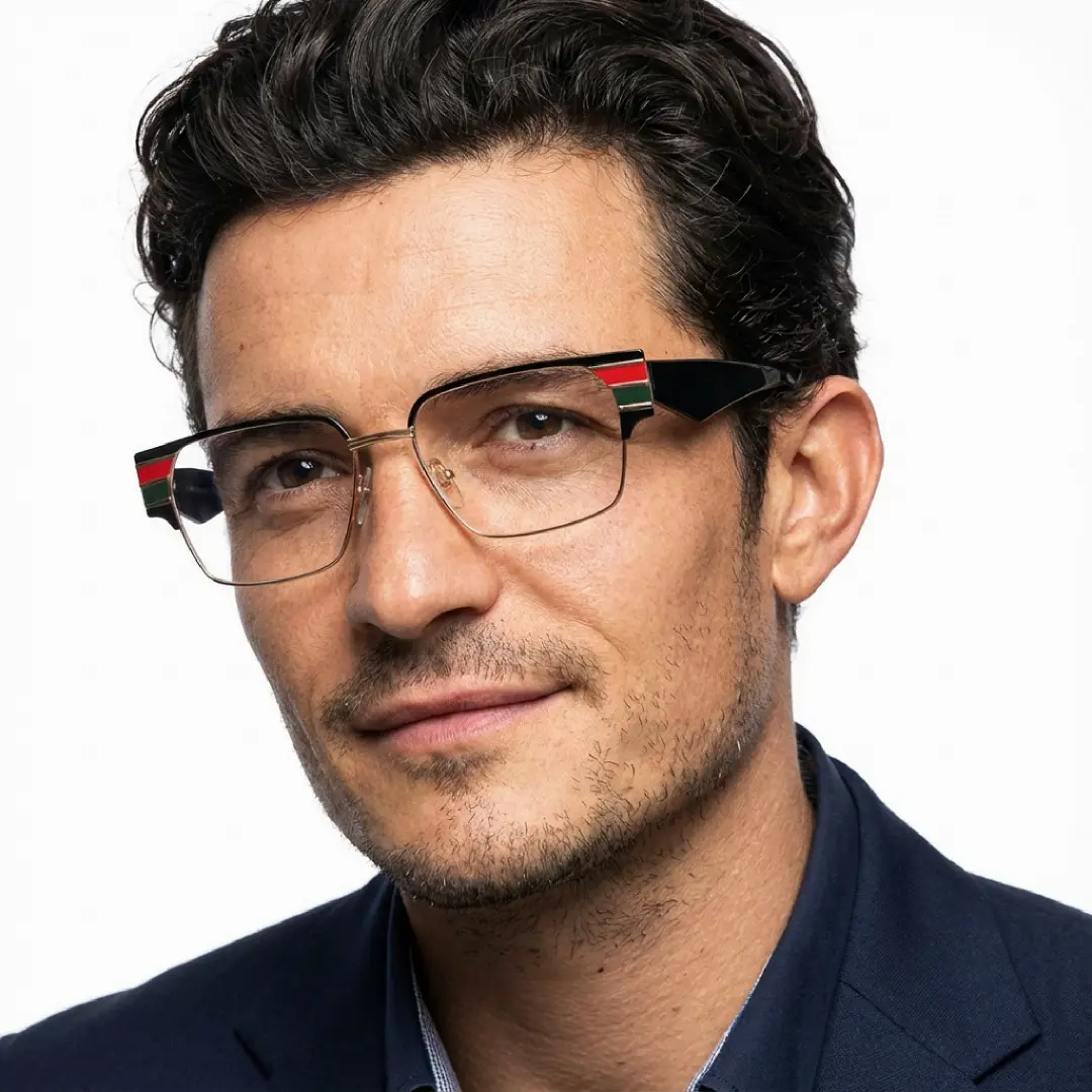 Three-quarter view of male wearing multicolor browline eyeglasses, calm expression, BM0092510