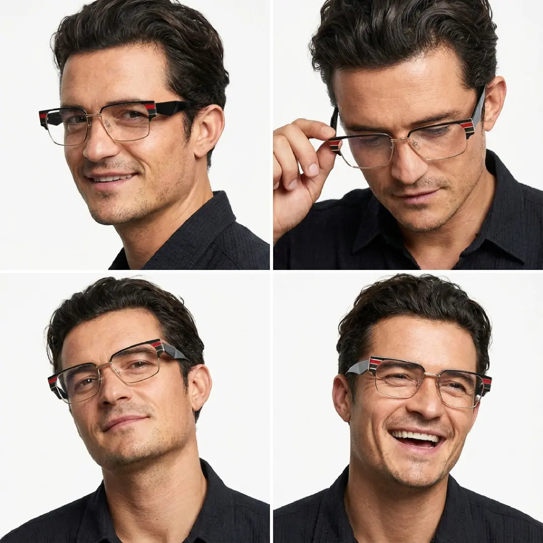 Face close-up view of male wearing multicolor browline eyeglasses, various expressions, BM0092510