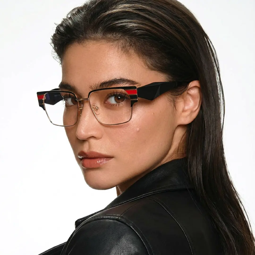 Over-the-shoulder view of female wearing multicolor browline eyeglasses, confident expression, BM0092510