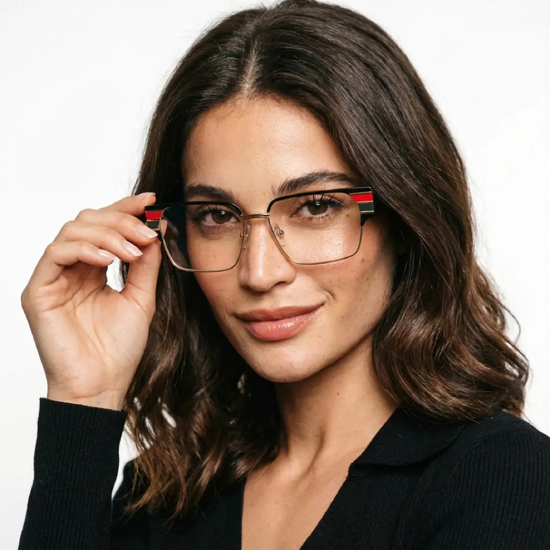 Close-up view of female wearing multicolor browline eyeglasses, touching frame, friendly smile, BM0092510
