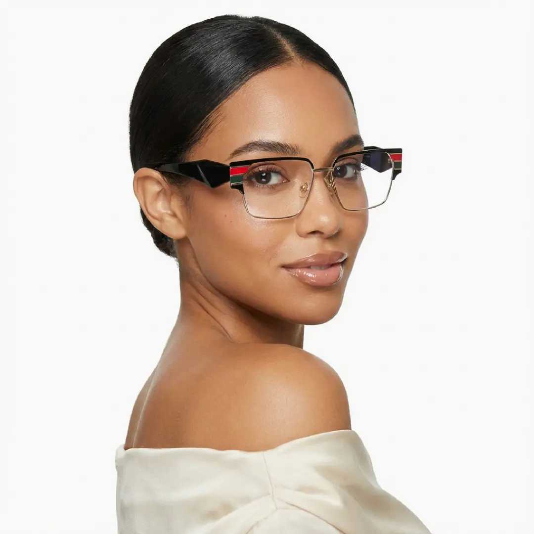 Profile view of female wearing multicolor browline eyeglasses, neutral expression, BM0092510
