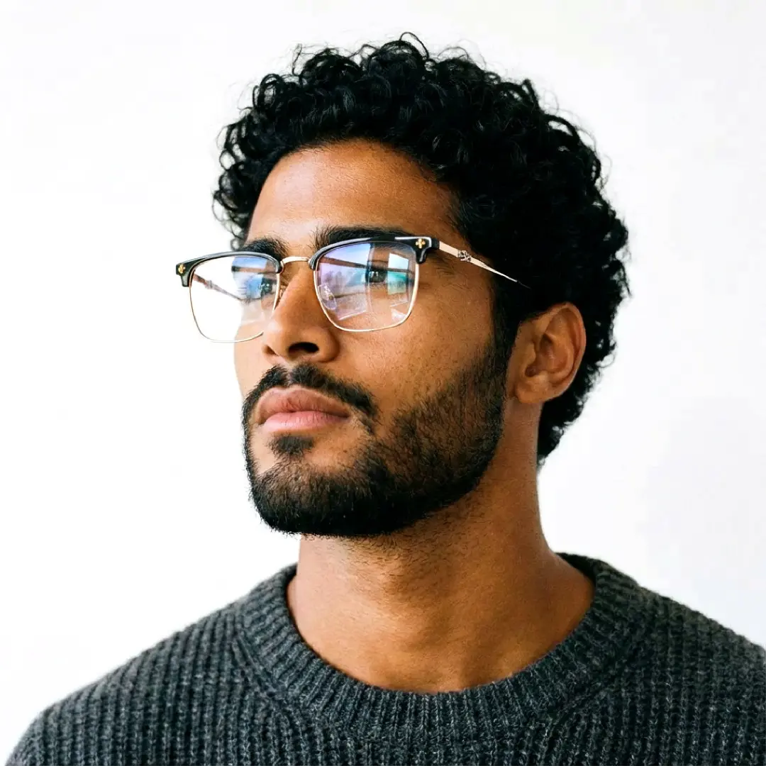 Profile view of male wearing gold browline eyeglasses, calm expression, BM0102501