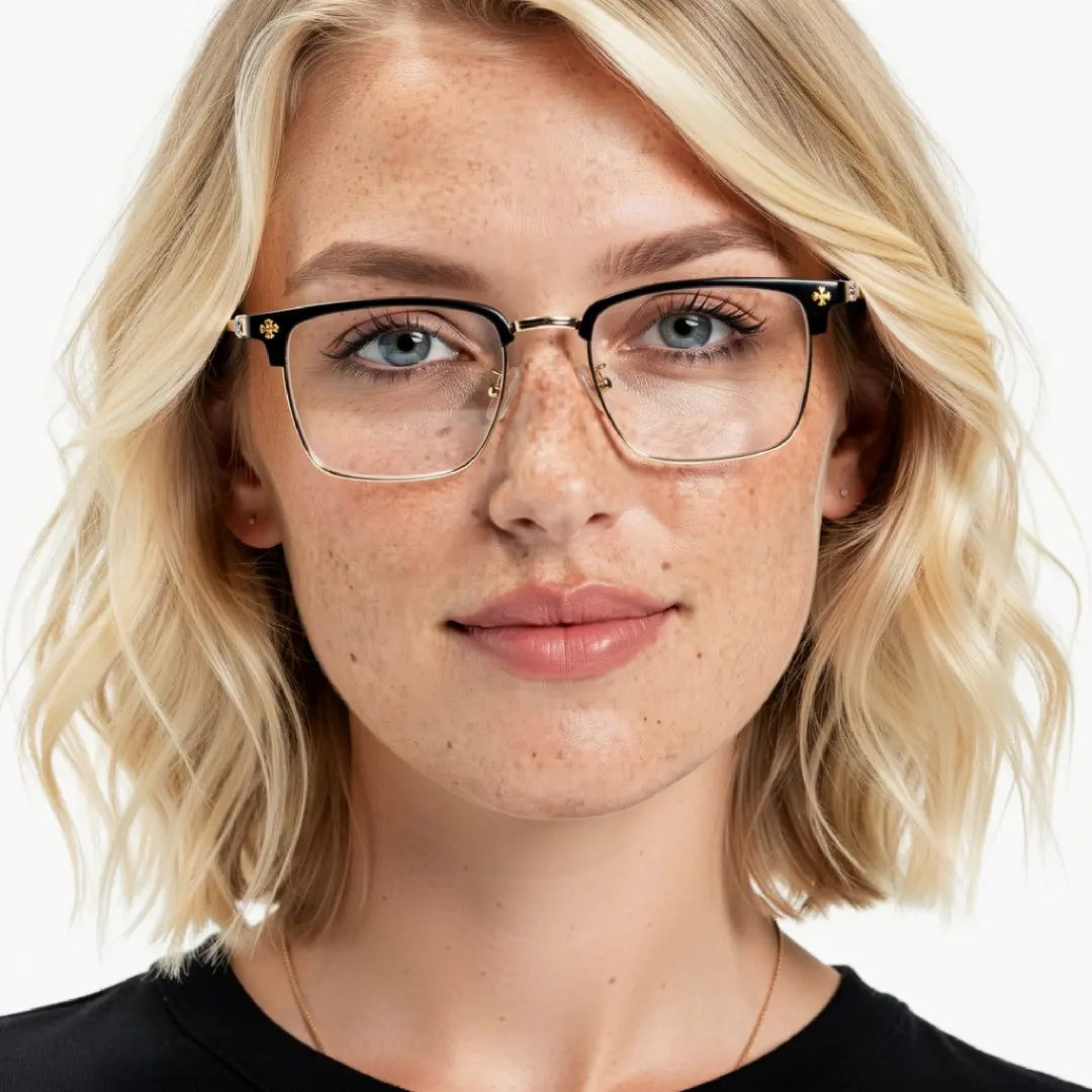 Front view of female wearing gold browline eyeglasses, neutral expression, BM0102501