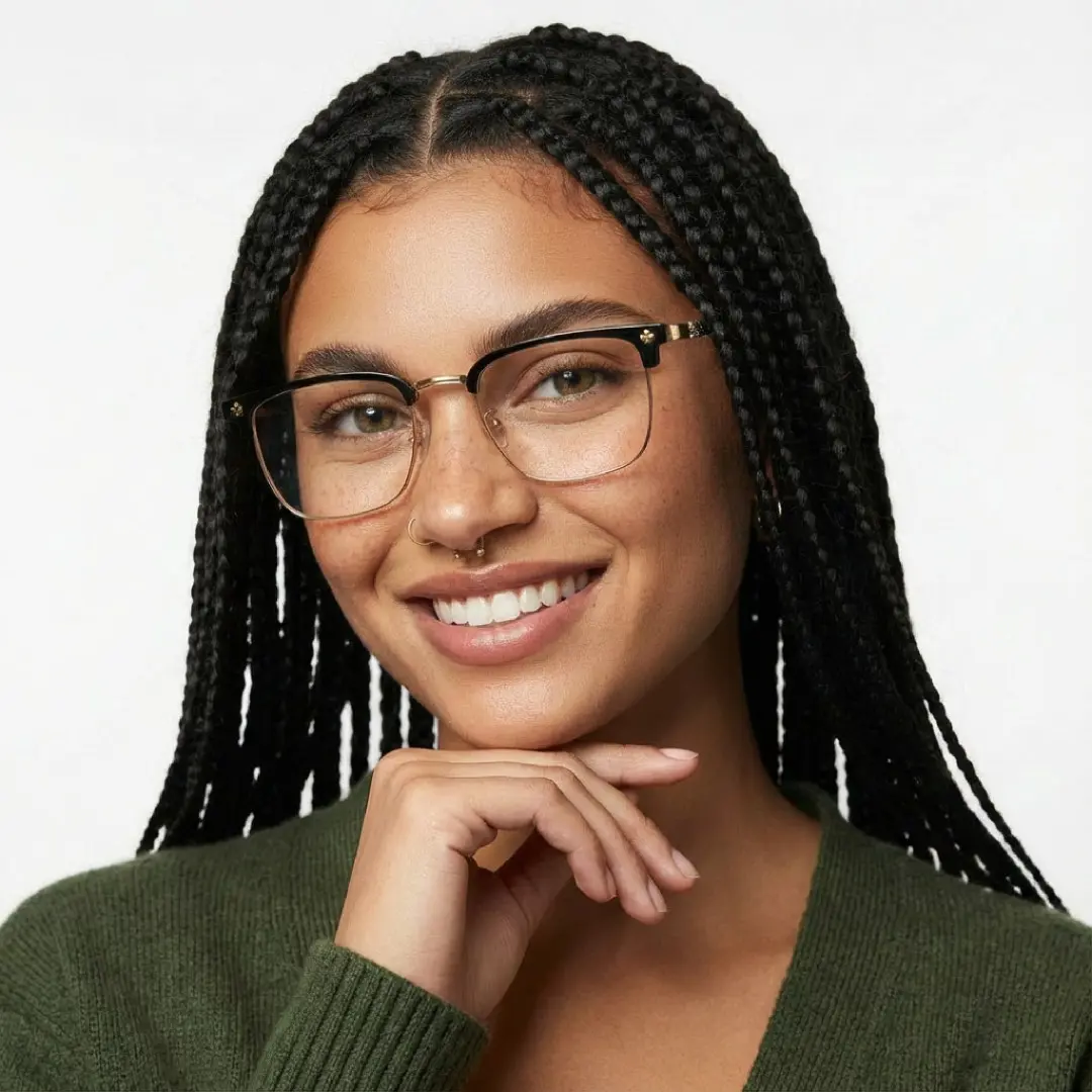 Front view of female wearing gold browline eyeglasses, resting chin on hand, natural smile, BM0102501