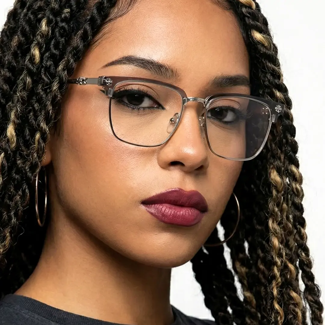 Three-quarter view of female wearing grey browline eyeglasses, neutral expression, BM0102501