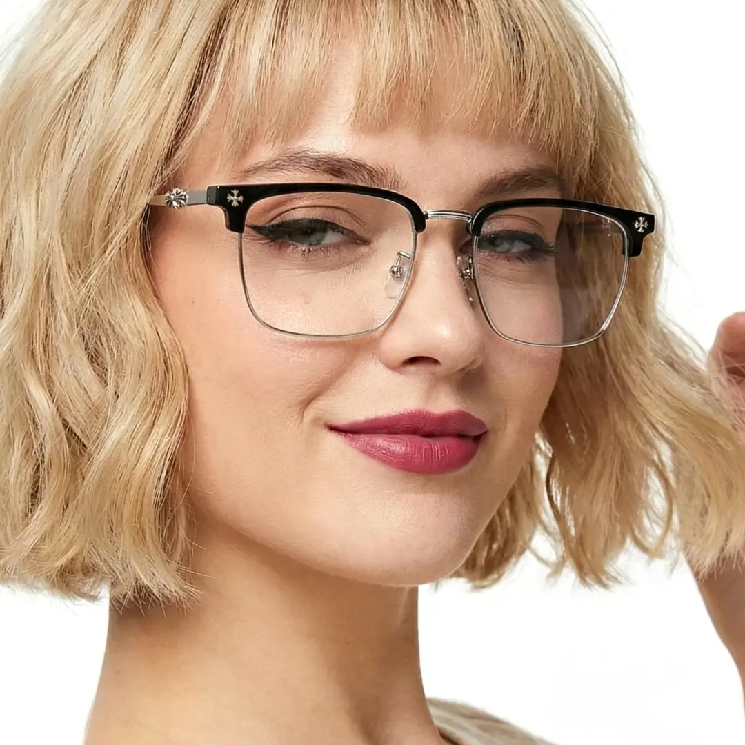 Close-up view of female wearing silver browline eyeglasses, friendly smile, BM0102501