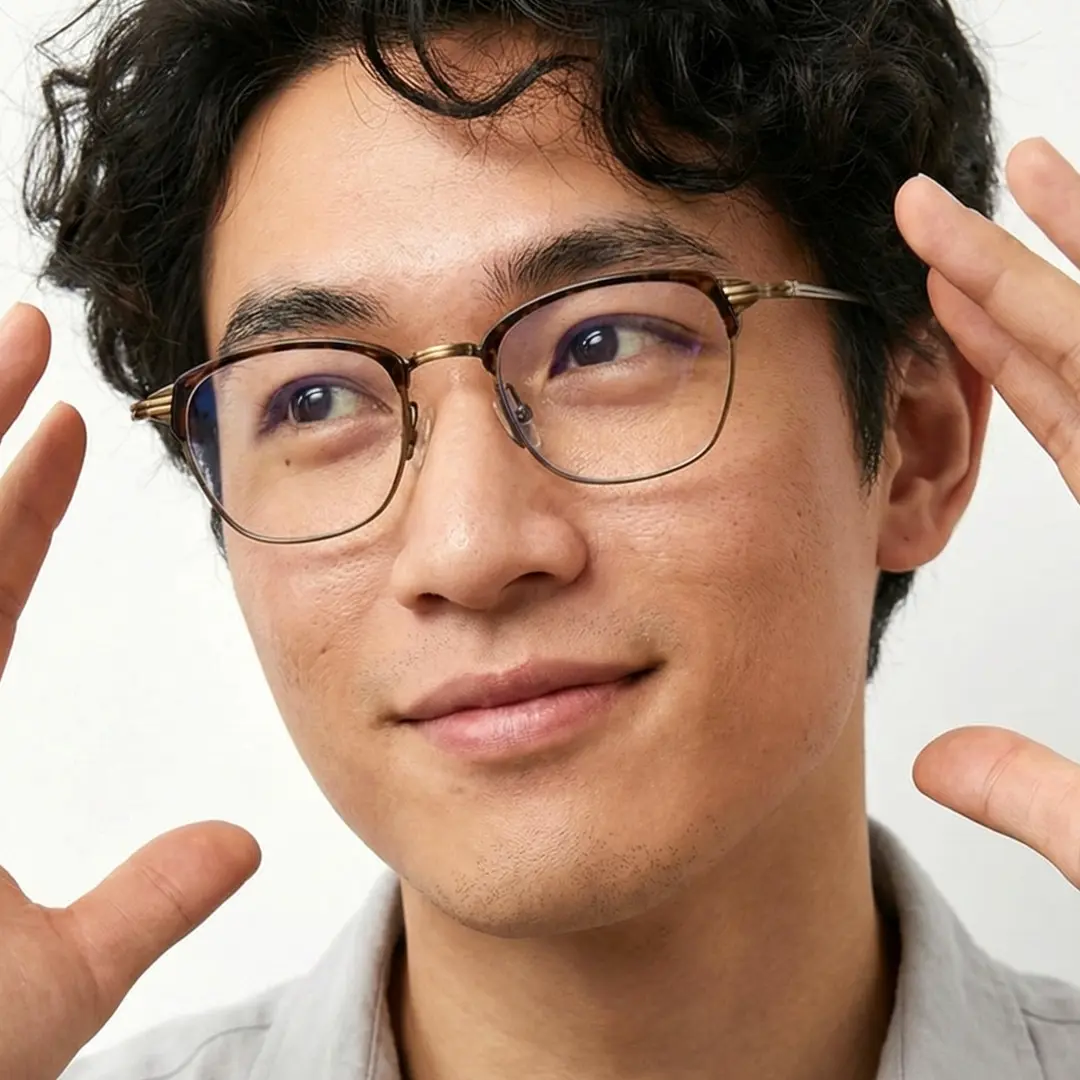 Profile view of male wearing tortoise browline eyeglasses, smiling, BM0252410