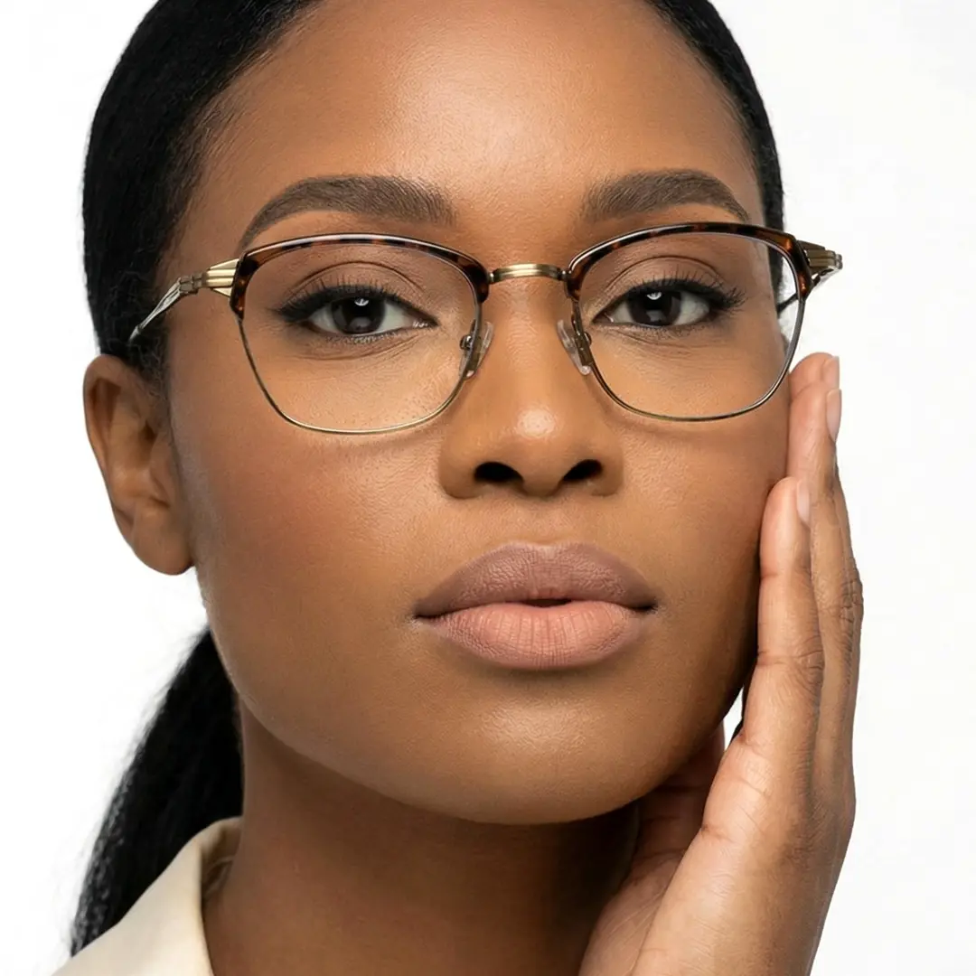 Front view of female wearing tortoise browline eyeglasses, hand near face, neutral expression, BM0252410