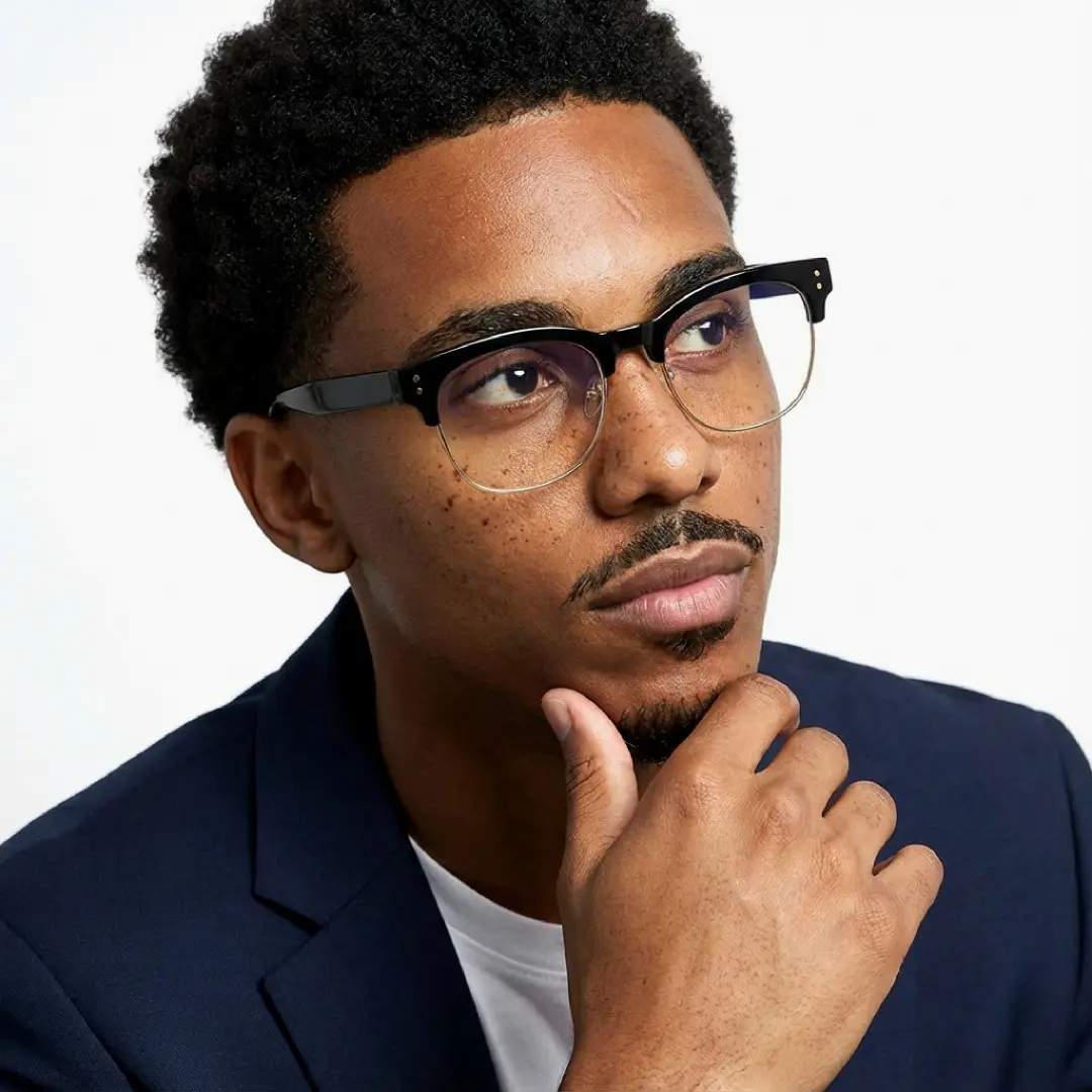 Face close-up view of male wearing black & gold browline eyeglasses, resting chin on hand, thoughtful expression, BR0012409