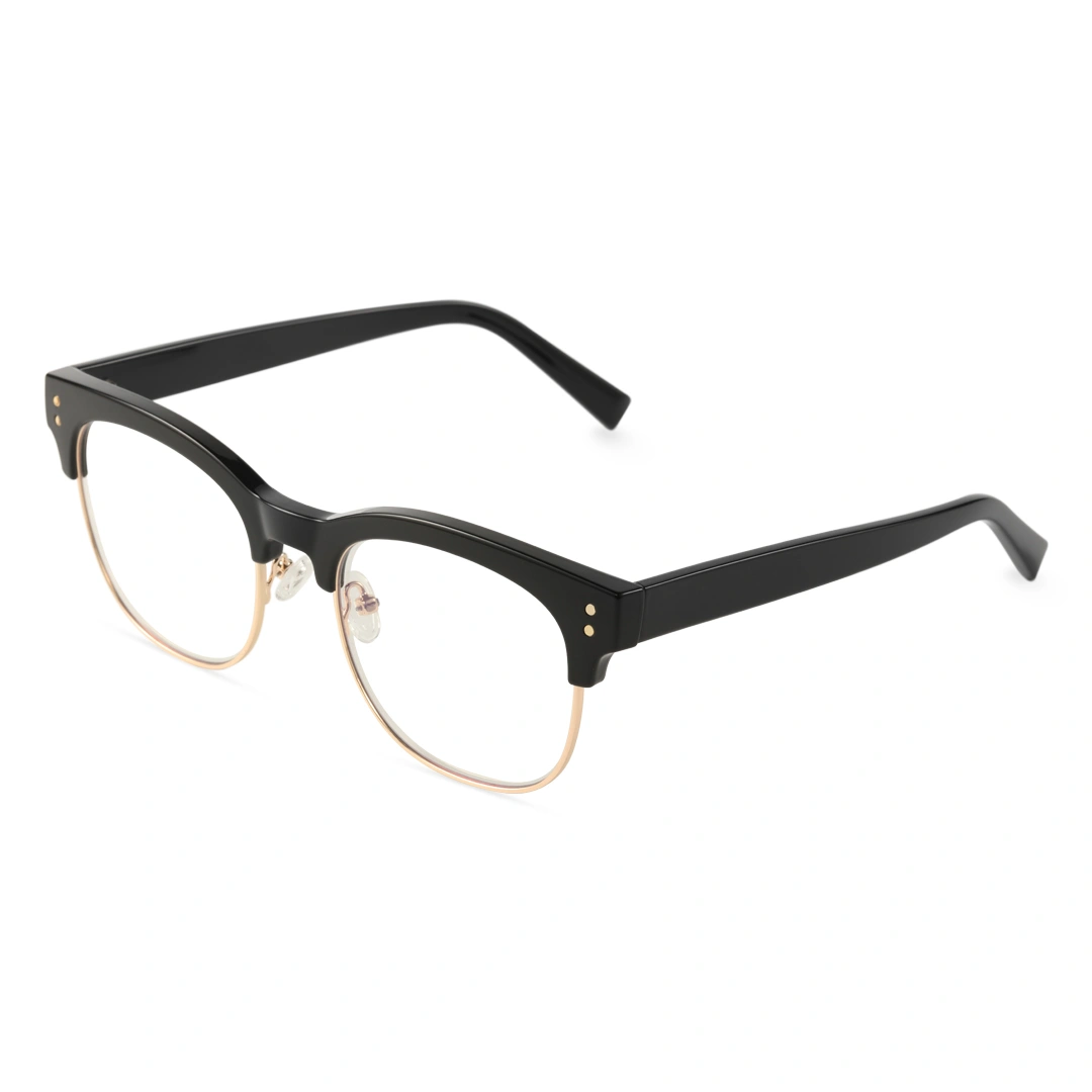 Angle view of Fuchsia nerd browline tr90 eyeglasses in black gold. SPU: BR0012409