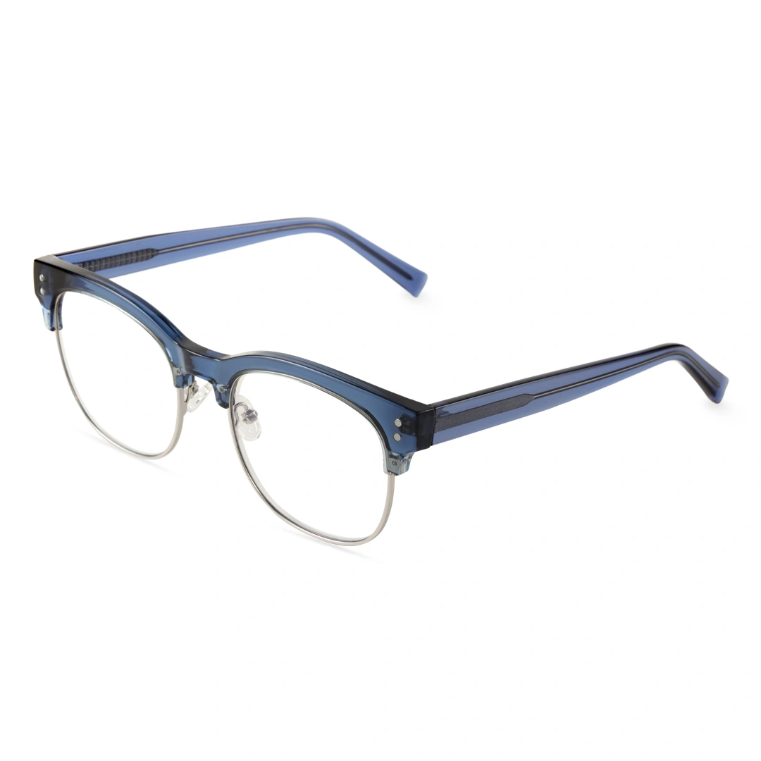 Angle view of Fuchsia nerd browline tr90 eyeglasses in silver blue. SPU: BR0012409
