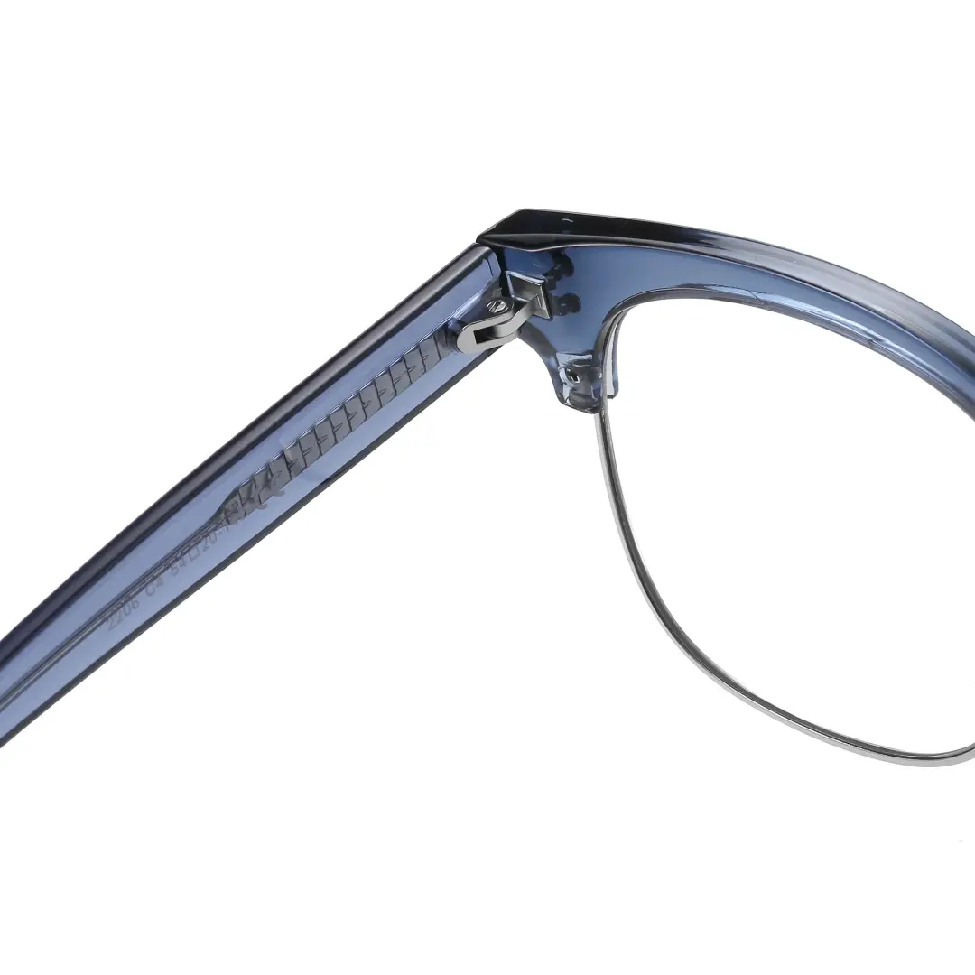 Hinge detail of Fuchsia browline tr90 eyeglasses BR0012409 in silver blue