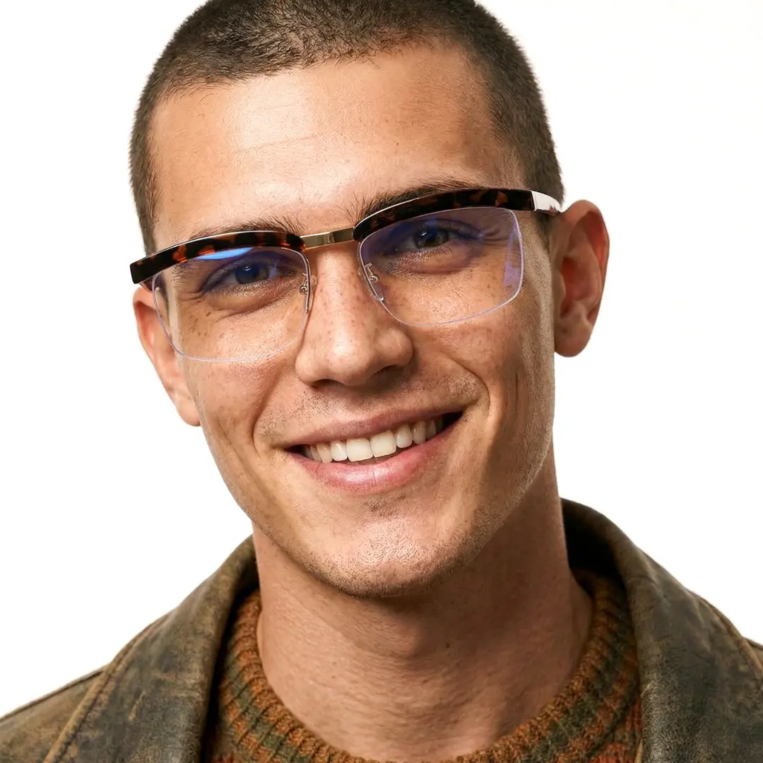 Front view of male wearing tortoise browline eyeglasses, smiling, BR0102310