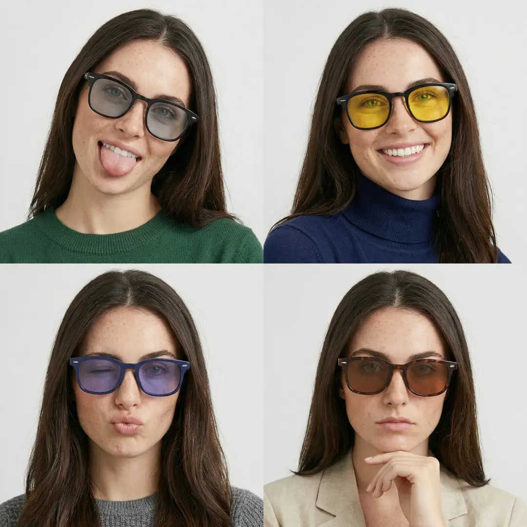 Close up of group wearing black browline eyeglasses, various expressions, BR0102601