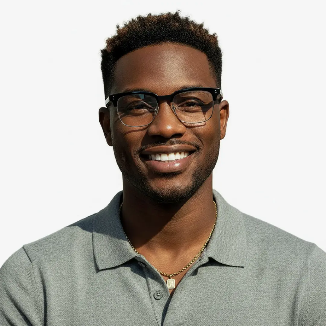 Front view of male wearing blackclear browline eyeglasses, smiling, BR0572505