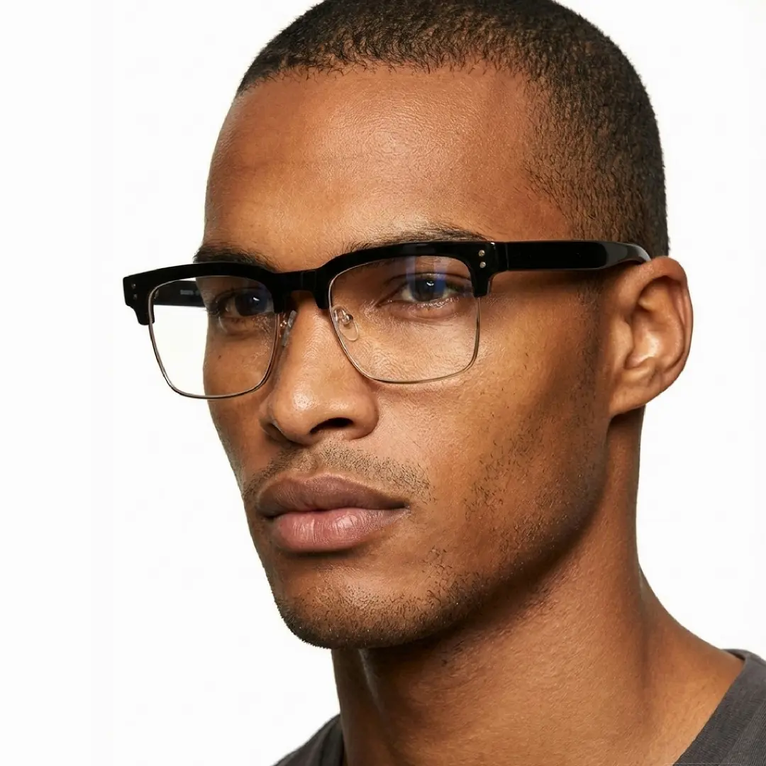 Three-quarter view of male wearing black gold browline eyeglasses, calm expression, BR0572505