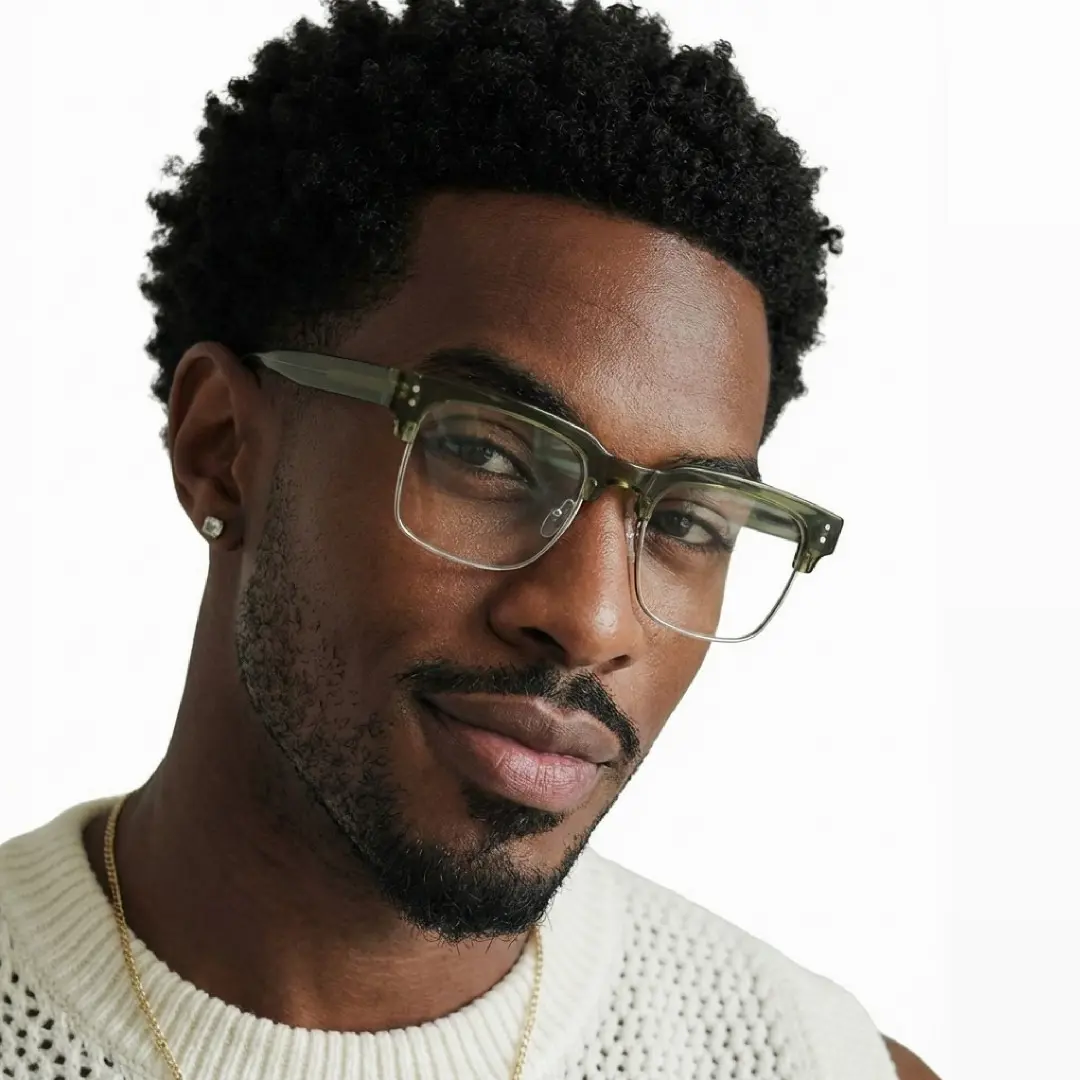 Front view of male wearing green browline eyeglasses, friendly smile, BR0572505