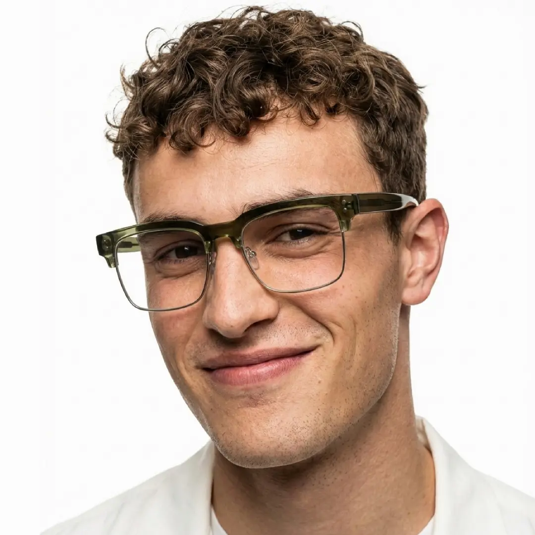 Front view of male wearing green browline eyeglasses, natural smile, BR0572505
