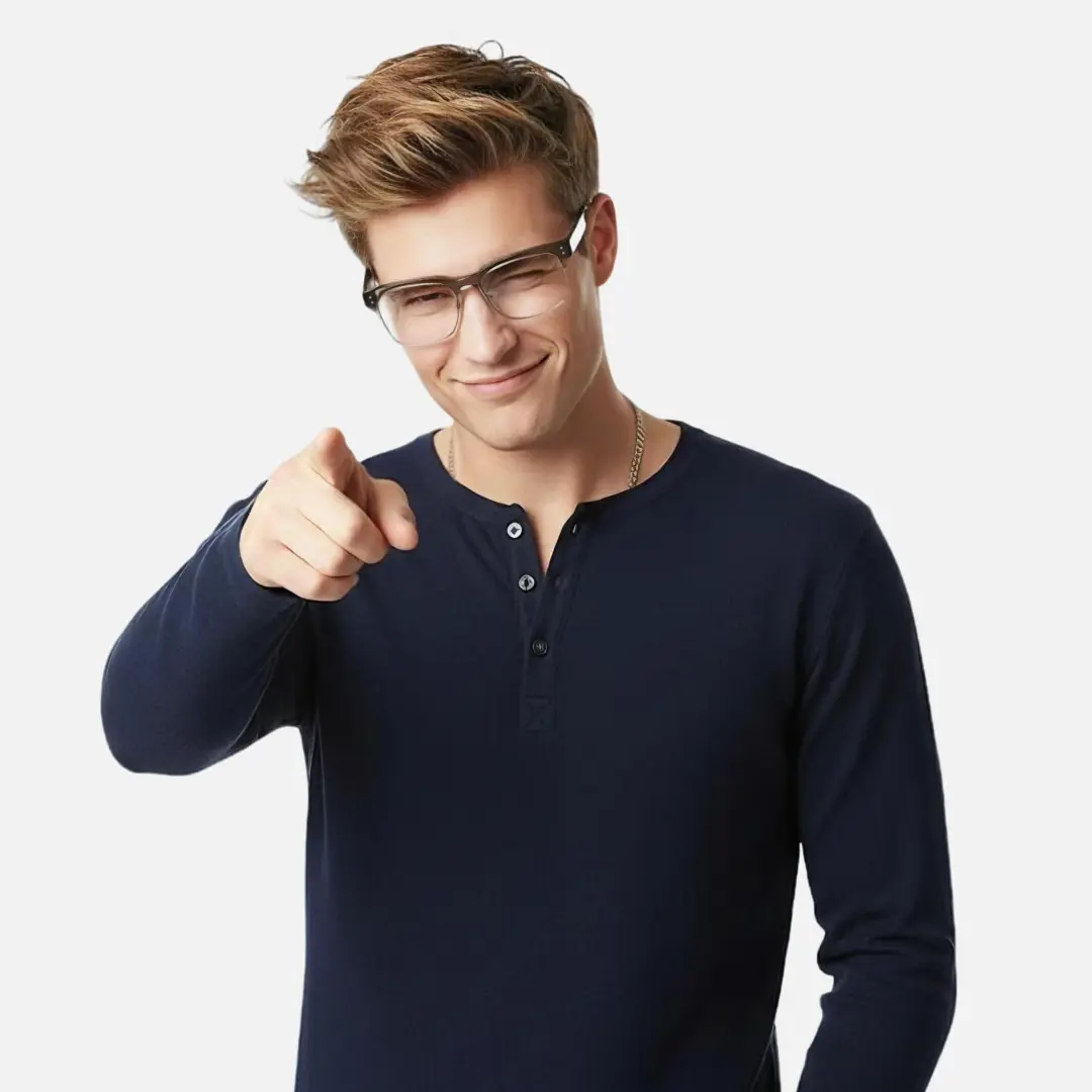 Front view of male wearing grey browline eyeglasses, friendly smile, BR0572505