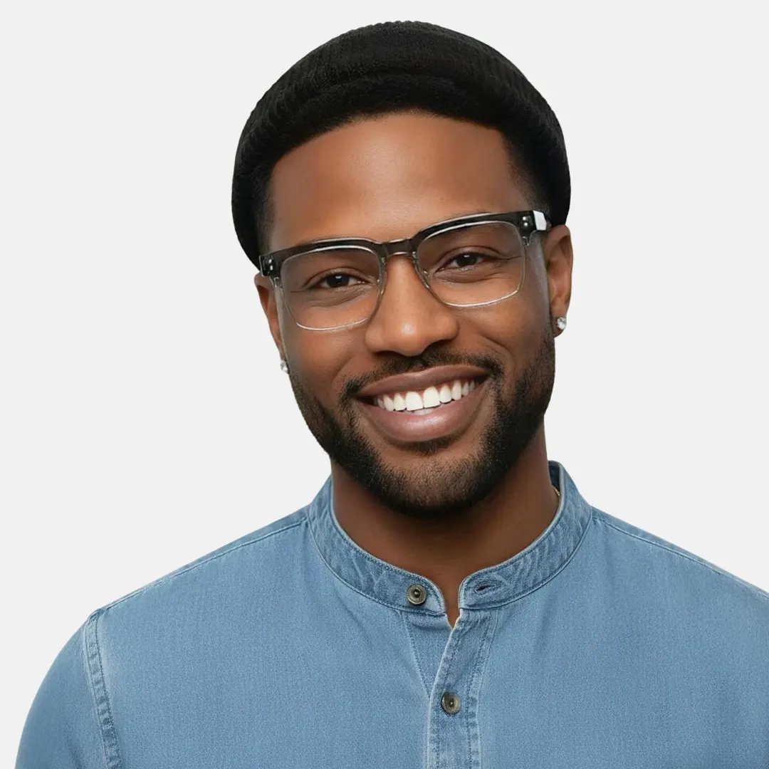 Front view of male wearing grey browline eyeglasses, smiling, BR0572505