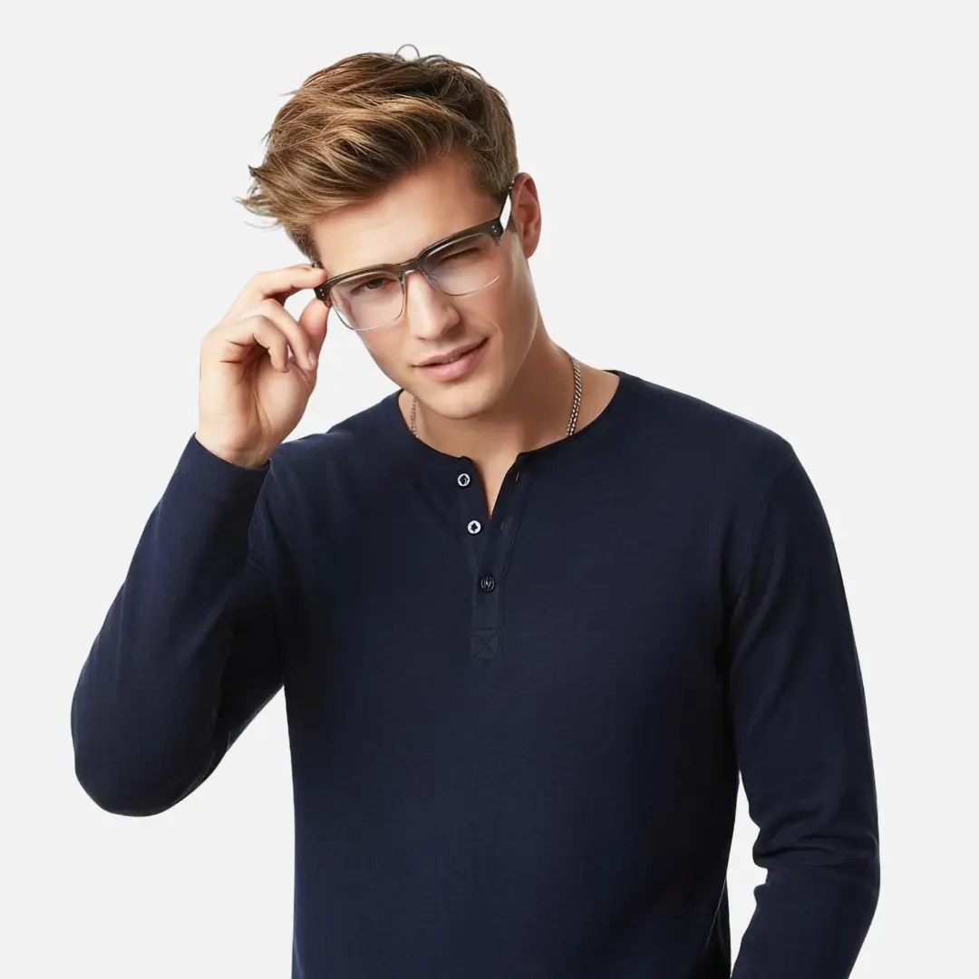 Front view of male wearing grey browline eyeglasses, touching frame, natural smile, BR0572505