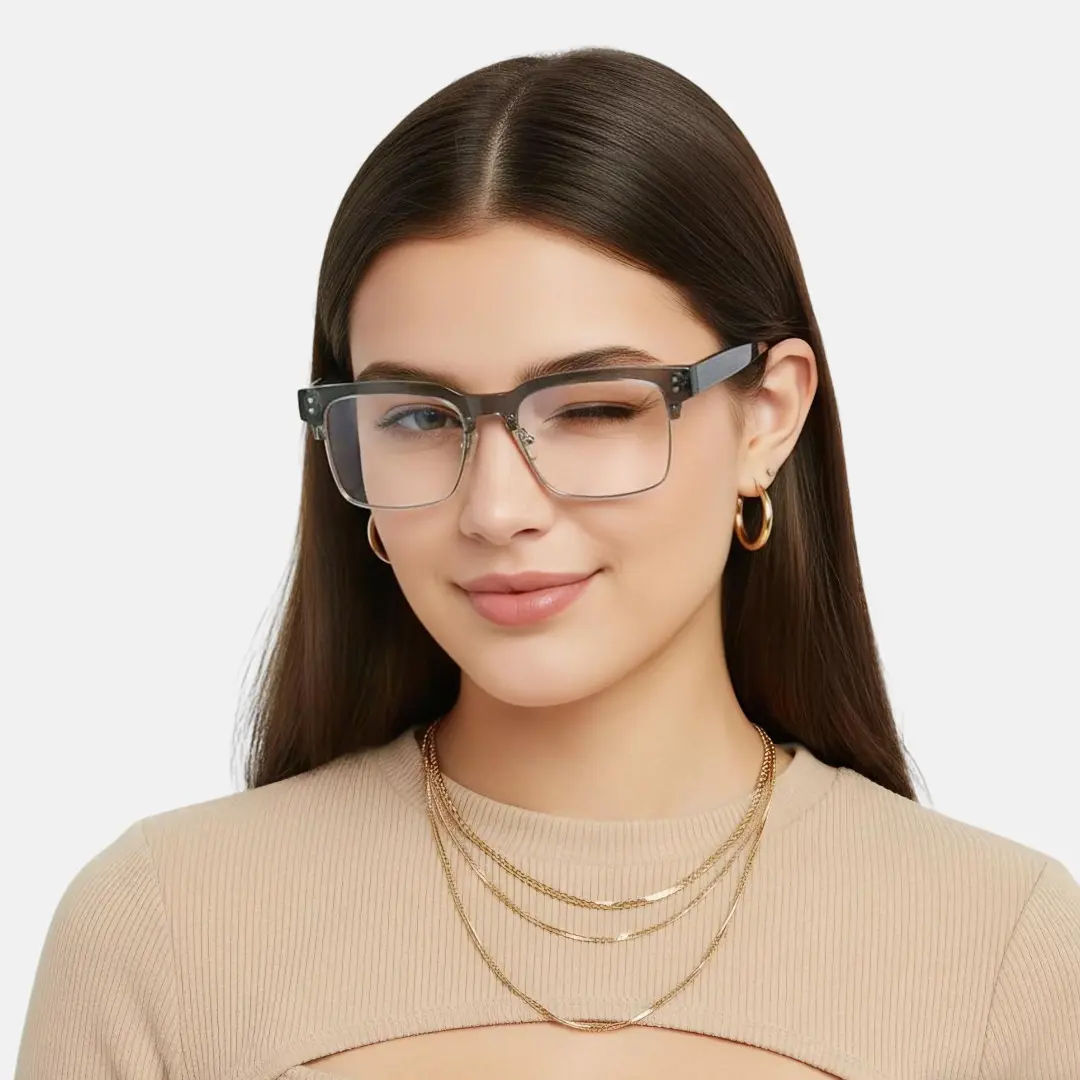 Front view of female wearing grey browline eyeglasses, winking, natural smile, BR0572505