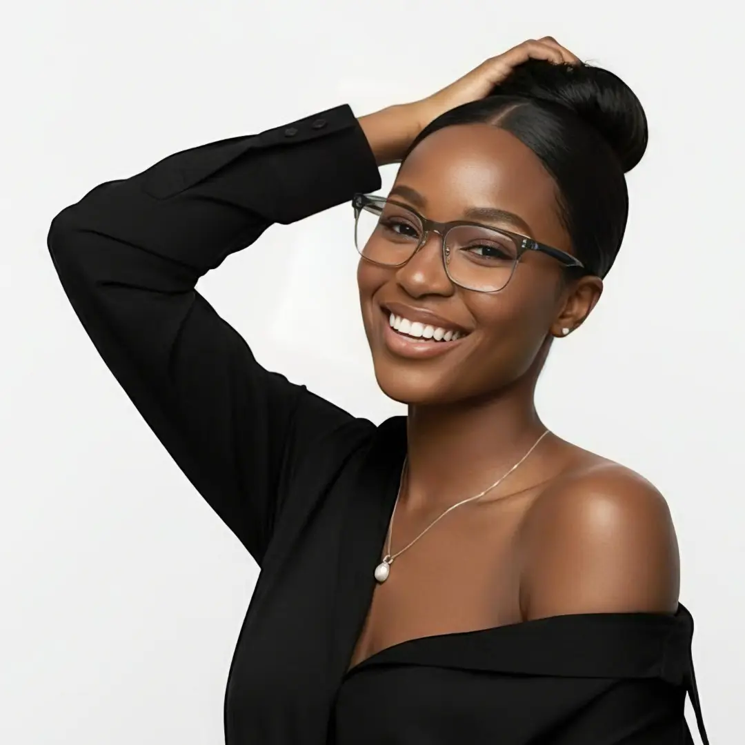 Front view of female wearing grey browline eyeglasses, hand in hair, smiling, BR0572505
