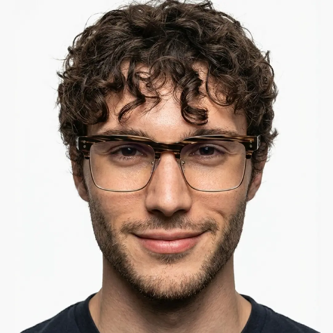 Front view of male wearing tortoise browline eyeglasses, smiling, BR0572505