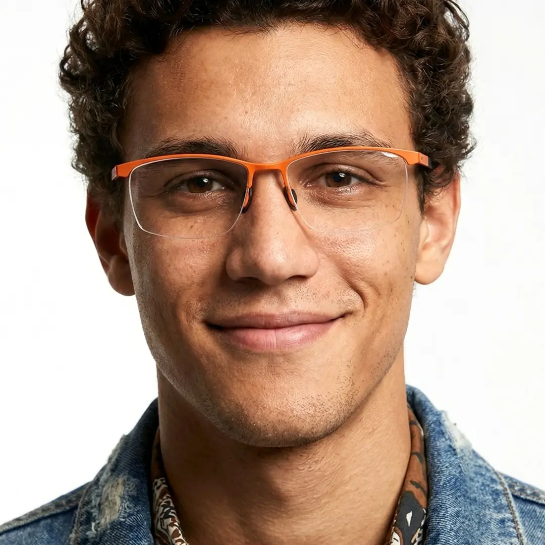 Front view of male wearing orange browline eyeglasses, soft smile, BT0052407